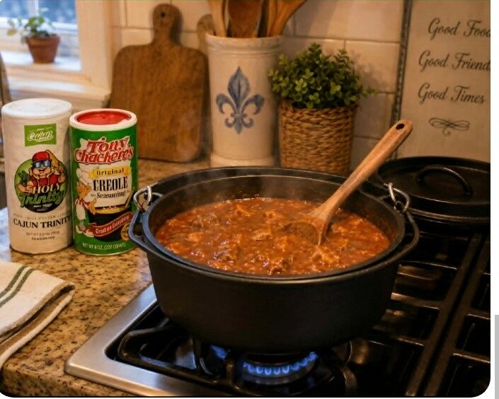 Authentic Cajun Sauce Piquant simmering in black cast iron pot with Tony Chachere’s Creole Seasoning and Holy Trinity seasoning on Louisiana stove