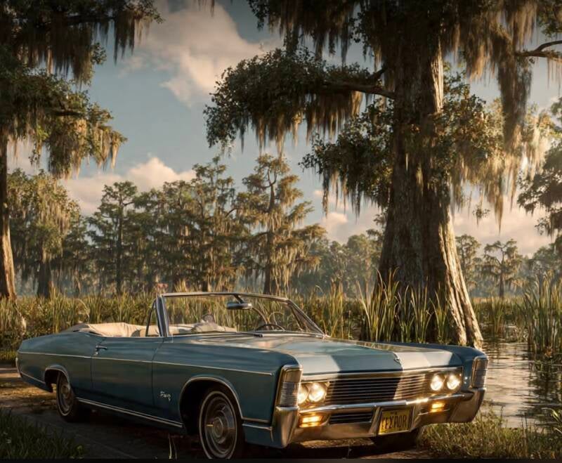 1960s blue convertible parked beside Louisiana bayou with cypress trees and Spanish moss at sunset for Rougarou Stop #1 road trip
