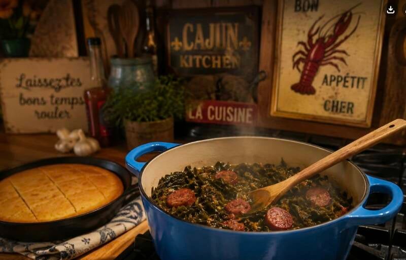 Louisiana greens and smoked sausage in Lodge cast iron Dutch oven with cornbread using NanaTee’s Sunday Pot Kit