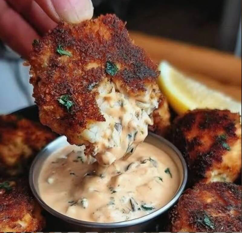 Crispy Louisiana garfish patty dipping in bayou remoulade with Lodge cast iron skillet using NanaTee’s garfish patty kit
