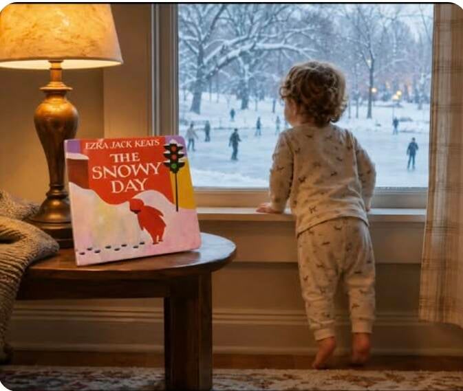 Toddler in pajamas watching snow fall outside window next to The Snowy Day board book by Ezra Jack Keats on wood table with lamp