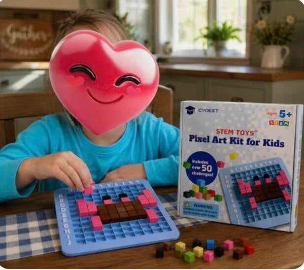 Little girl building pixel art crab with Cyoest STEM Pixel Art Kit for Kids ages 5+, educational STEM toy with grid board and 50+ challenges