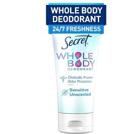 Tube of Secret Whole Body Deodorant Cream for Women. Light blue and white squeeze tube labeled "Whole Body Deodorant 24/7 Freshness" and "Sensitive Unscented." Text shows "Aluminum Free" and "72 HR Odor Protection."
