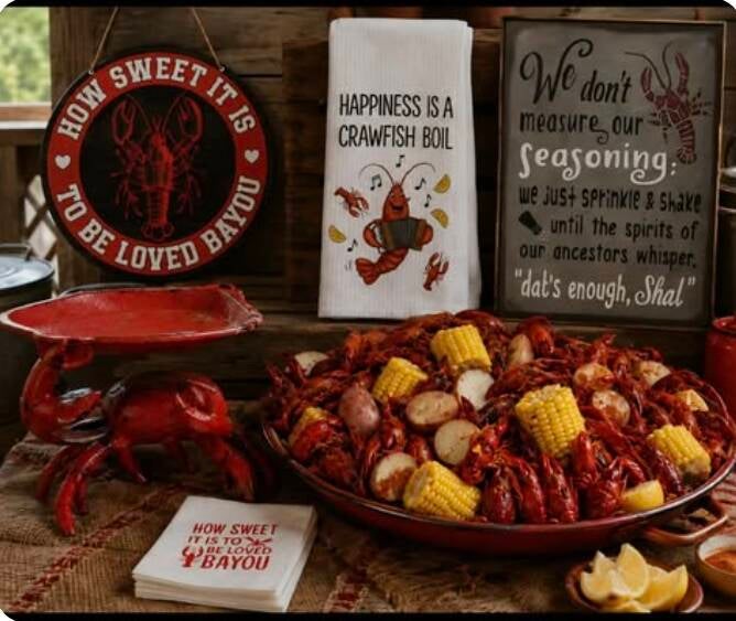 Rustic crawfish boil table spread with a large red platter piled high with boiled crawfish, corn on the cob, red potatoes, and lemon wedges. Cajun decor in the background includes a round sign that says "HOW SWEET IT IS TO BE LOVED BAYOU".