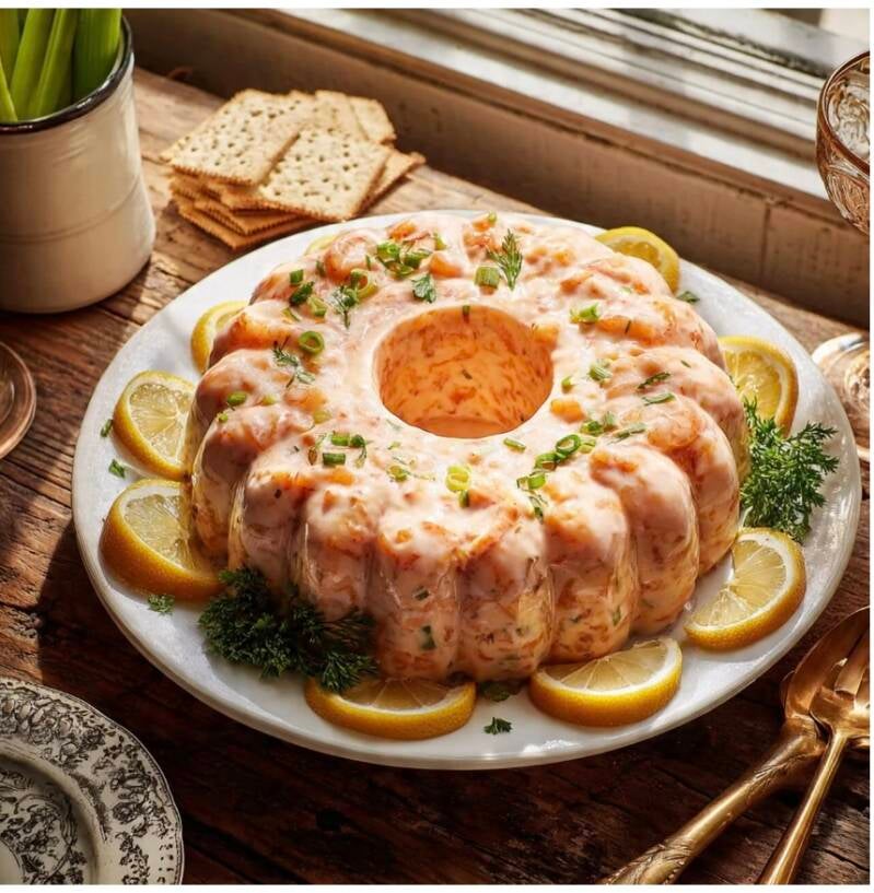 Cajun shrimp mold ring garnished with green onion, parsley, and lemon slices, served with saltine crackers