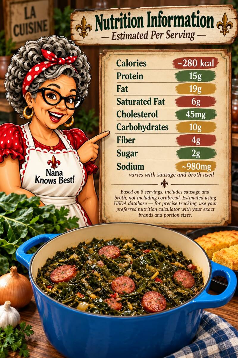 Louisiana greens and sausage nutrition information per serving including calories, protein, and sodium