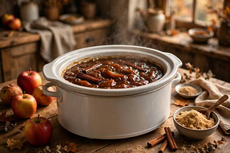 Apple butter simmering in a white slow cooker with cinnamon sticks