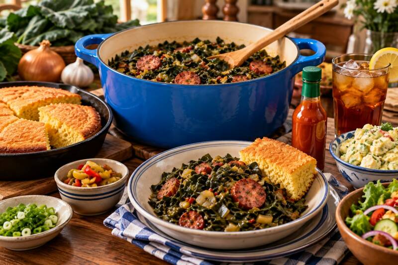 Louisiana greens and sausage Sunday dinner spread with cornbread, potato salad, and sweet tea