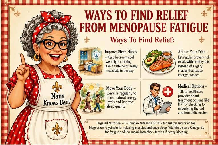 Ways to find relief from menopause fatigue including sleep habits, diet, exercise, and medical options