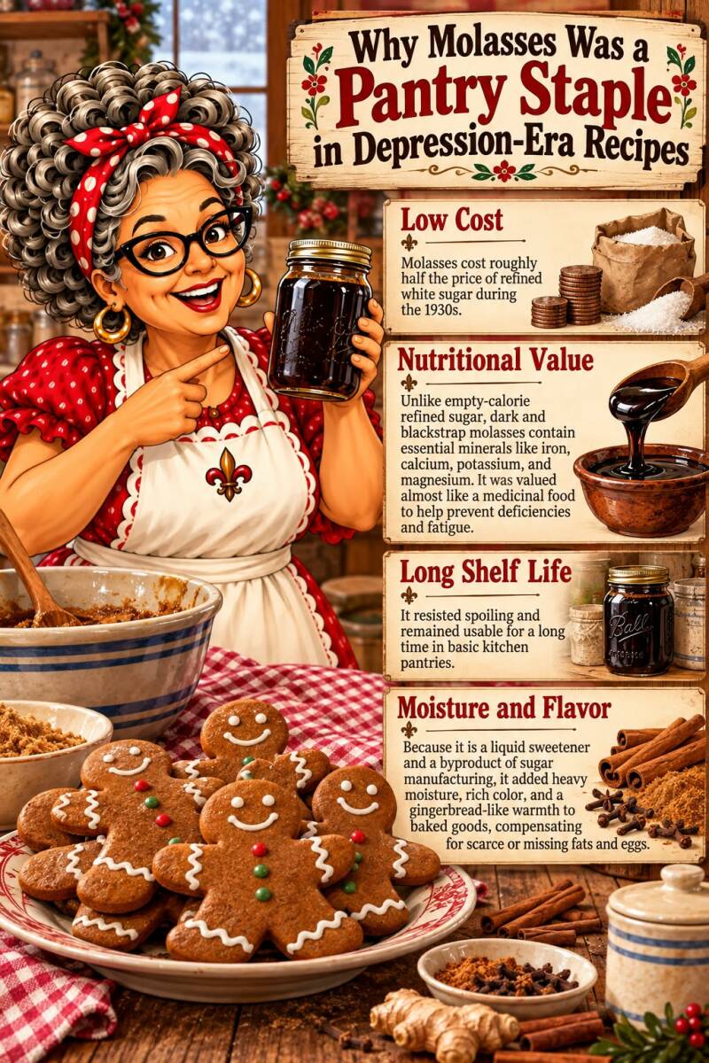 Why molasses was a Depression-era pantry staple infographic covering low cost, nutrition, shelf life, and flavor, with a plate of gingerbread men