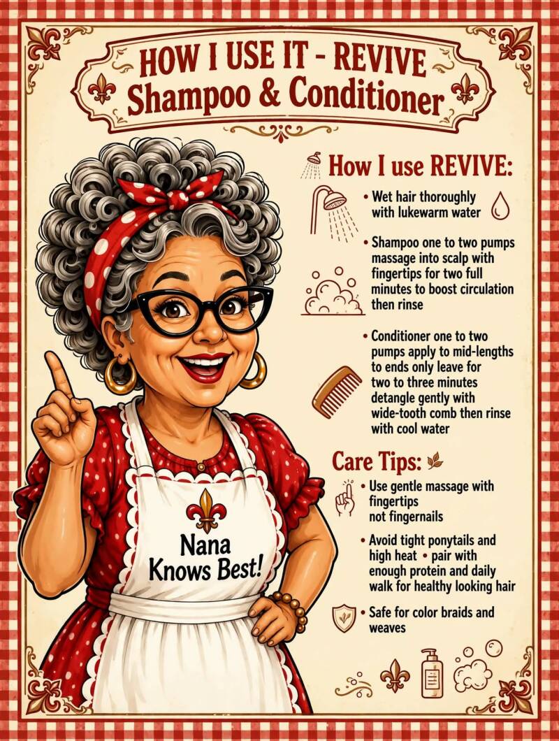 Step-by-step instructions for using Revive shampoo and conditioner with hair care tips