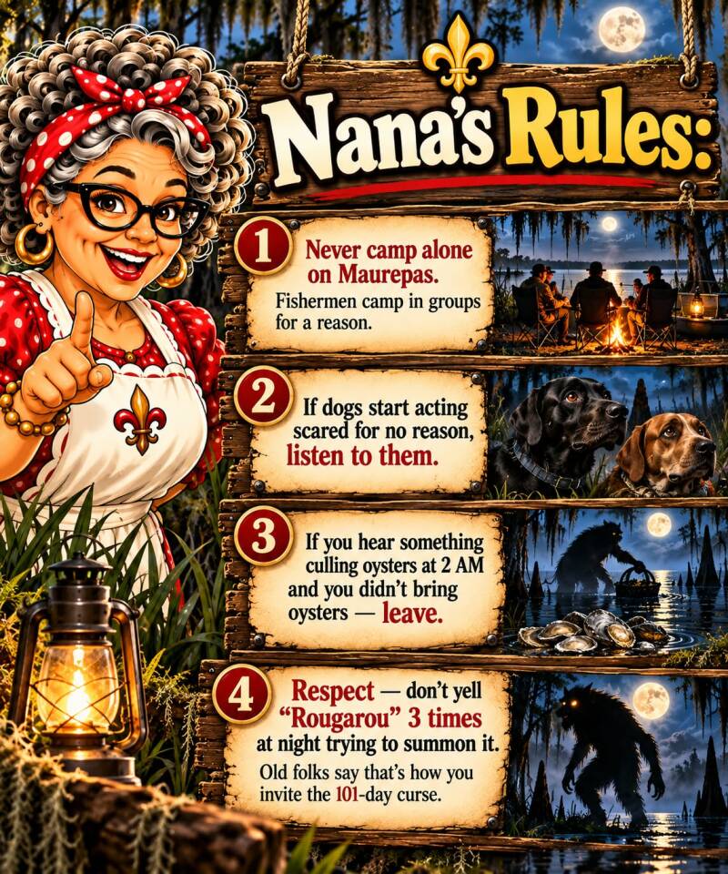 Nana's rules for visiting Lake Maurepas covering camping in groups, dog behavior, oyster sounds, and Rougarou legend respect
