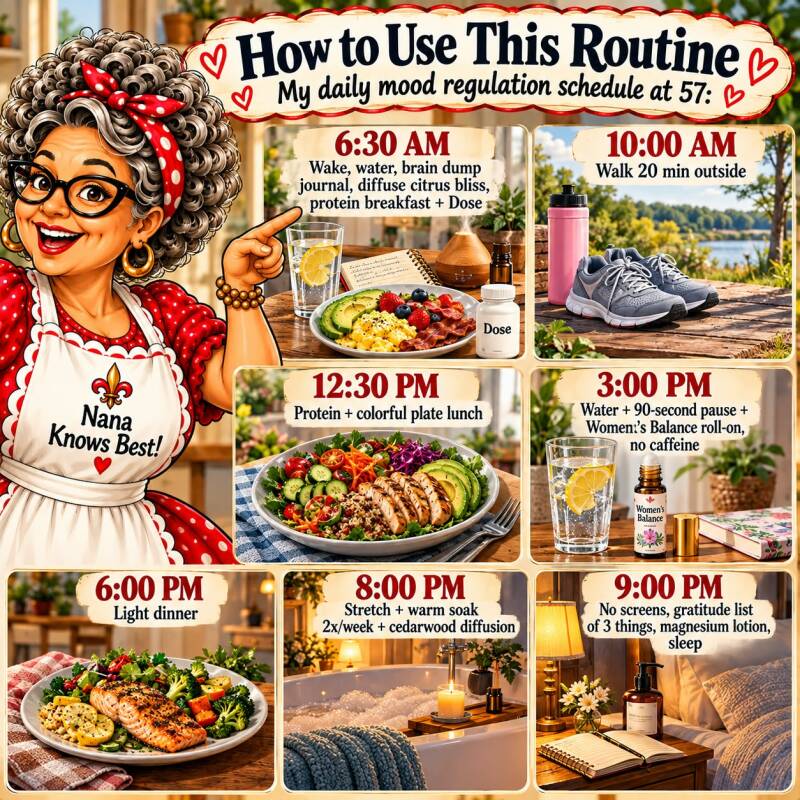 Daily mood regulation schedule from 6:30am to 9pm including journaling, walks, meals, and supplements