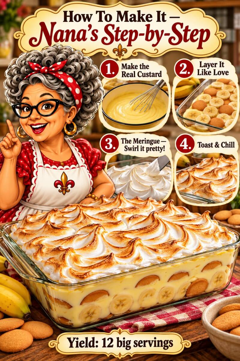 Step-by-step collage for making old fashioned banana pudding from custard to toasted meringue, yield 12 servings