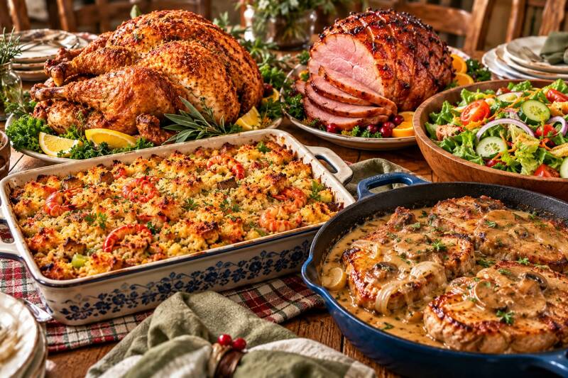 Crawfish eggplant dressing served on a holiday table with roast turkey, glazed ham, pork chops, and salad