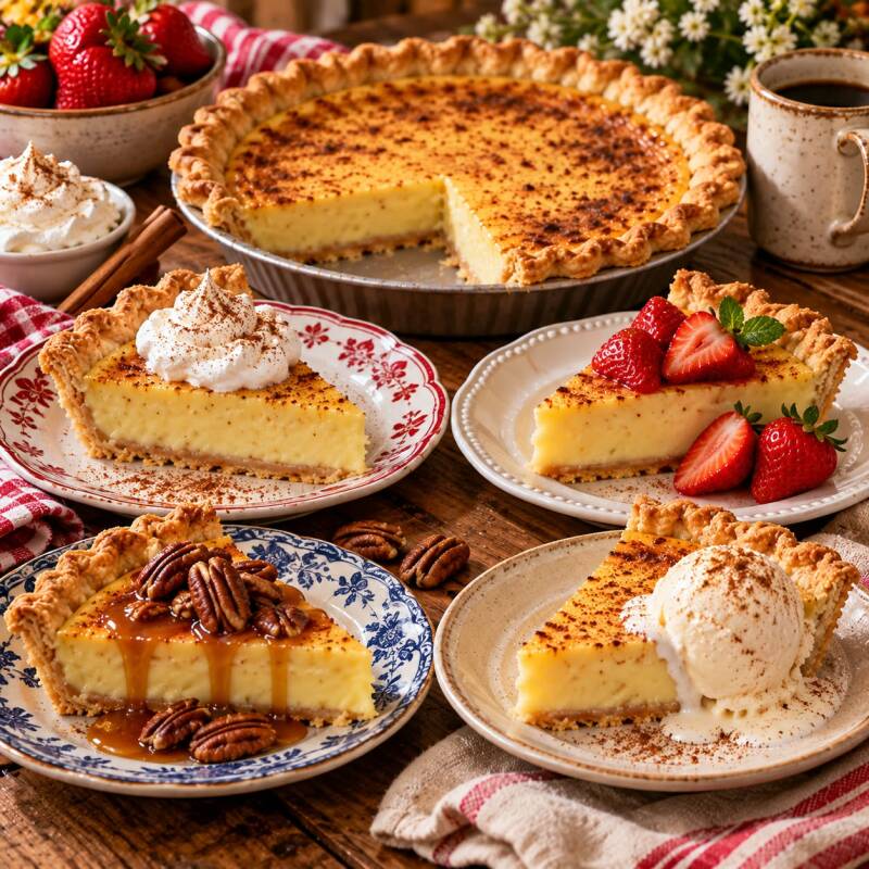 Cajun custard pie served four ways with whipped cream, strawberries, caramel pecans, and vanilla ice cream