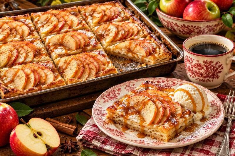 Apple cream cheese tart squares with caramel drizzle served with coffee