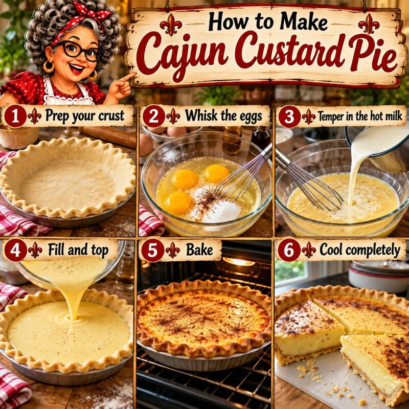 Step-by-step photo collage for making Cajun custard pie from crust prep to cooling