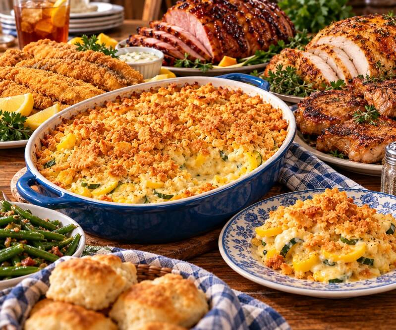 Squash casserole served on a holiday table with fried fish, baked ham, turkey, pork chops, and biscuits