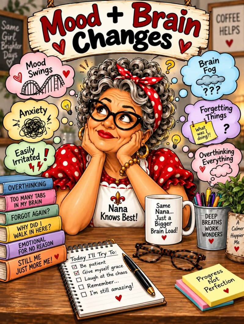 Mood and brain changes in menopause infographic covering mood swings, brain fog, anxiety, and forgetfulness