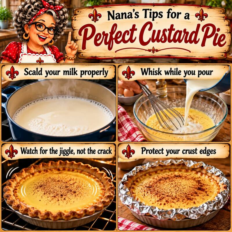 Nana's tips for a perfect custard pie covering scalding milk, whisking, checking jiggle, and protecting crust edges
