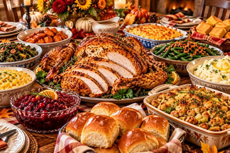 Thanksgiving dinner spread with sliced turkey, dressing, green beans, mac and cheese, and dinner rolls