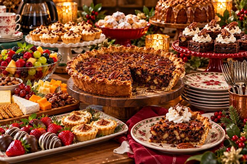 Kentucky bourbon pie centerpiece on a holiday dessert table with tarts, brownies, cookies, and fruit