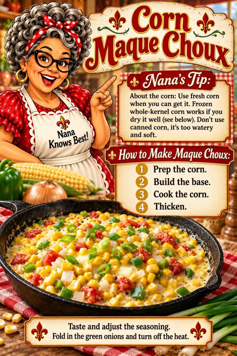 Step-by-step instructions for making corn maque choux from prepping corn to thickening