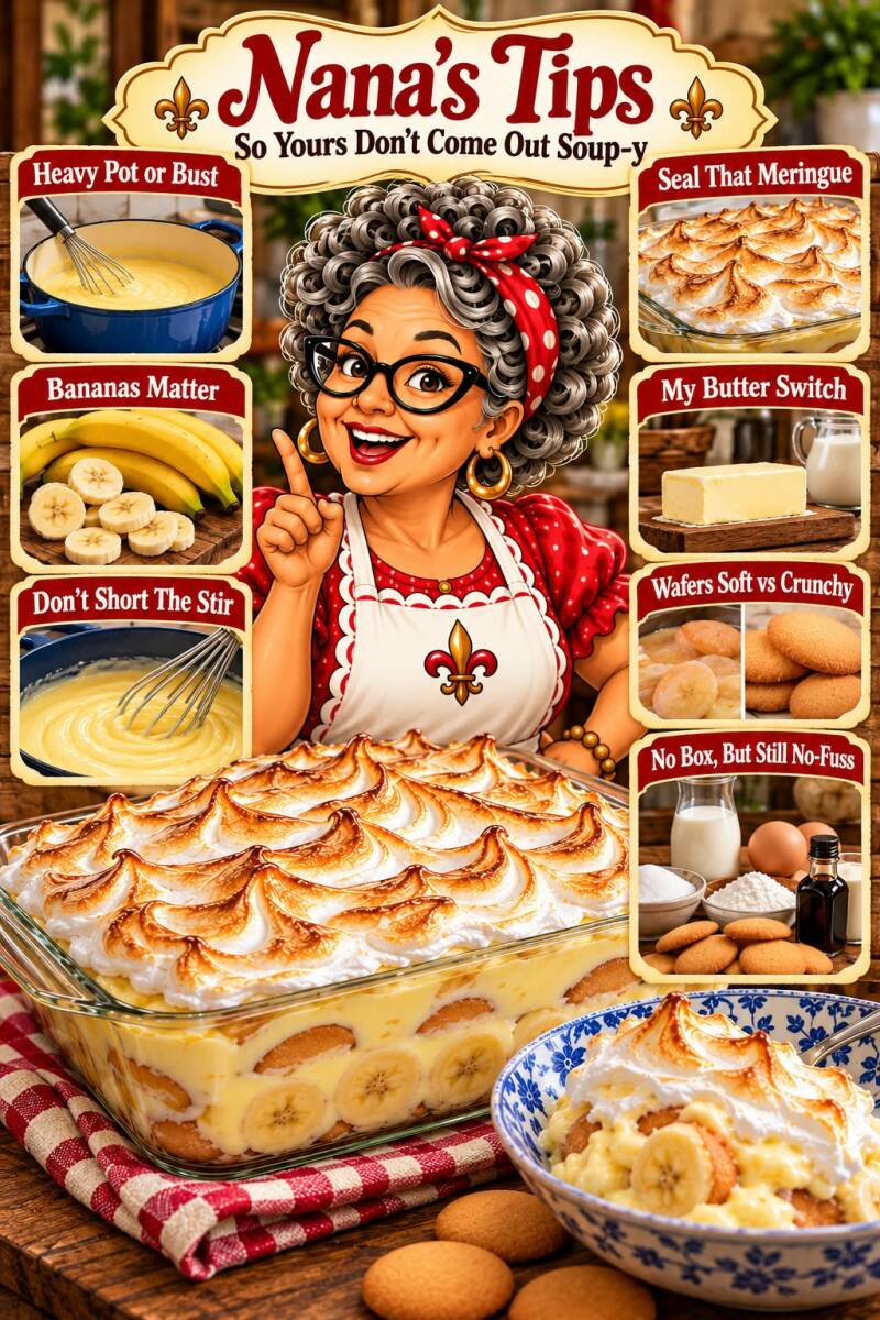 Nana's tips for banana pudding covering heavy pot, ripe bananas, stirring, sealing meringue, butter, and wafer texture