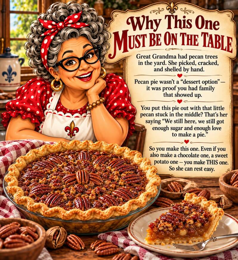 Why pecan pie must be on the holiday table graphic honoring Great Grandma's pecan trees and family tradition