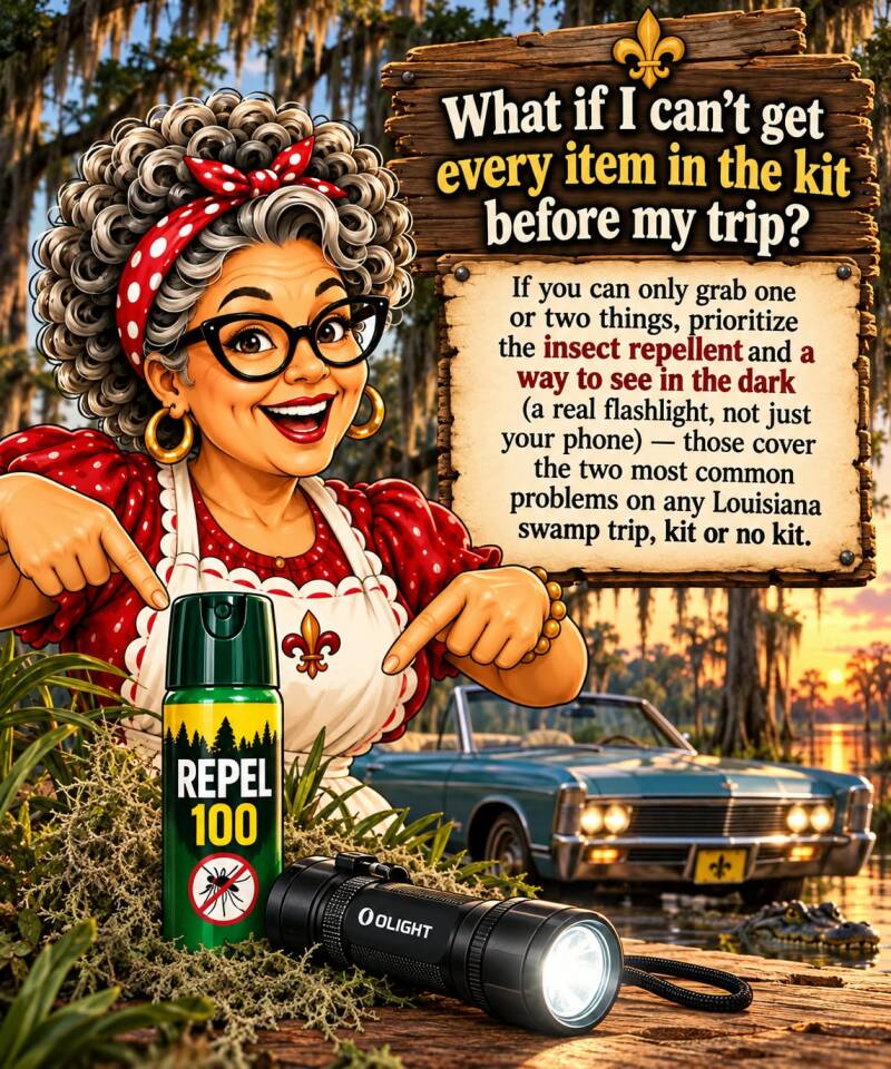 Nana's tip on prioritizing insect repellent and a flashlight for a Louisiana swamp road trip kit