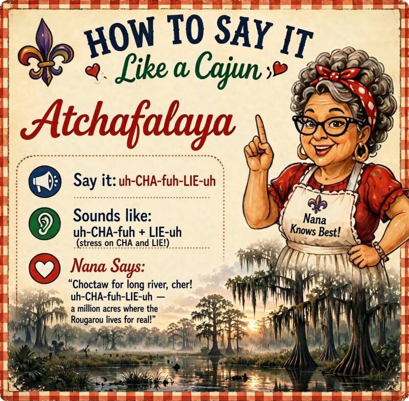 How to pronounce Atchafalaya like a Cajun infographic with phonetic spelling and Nana's Choctaw meaning tip