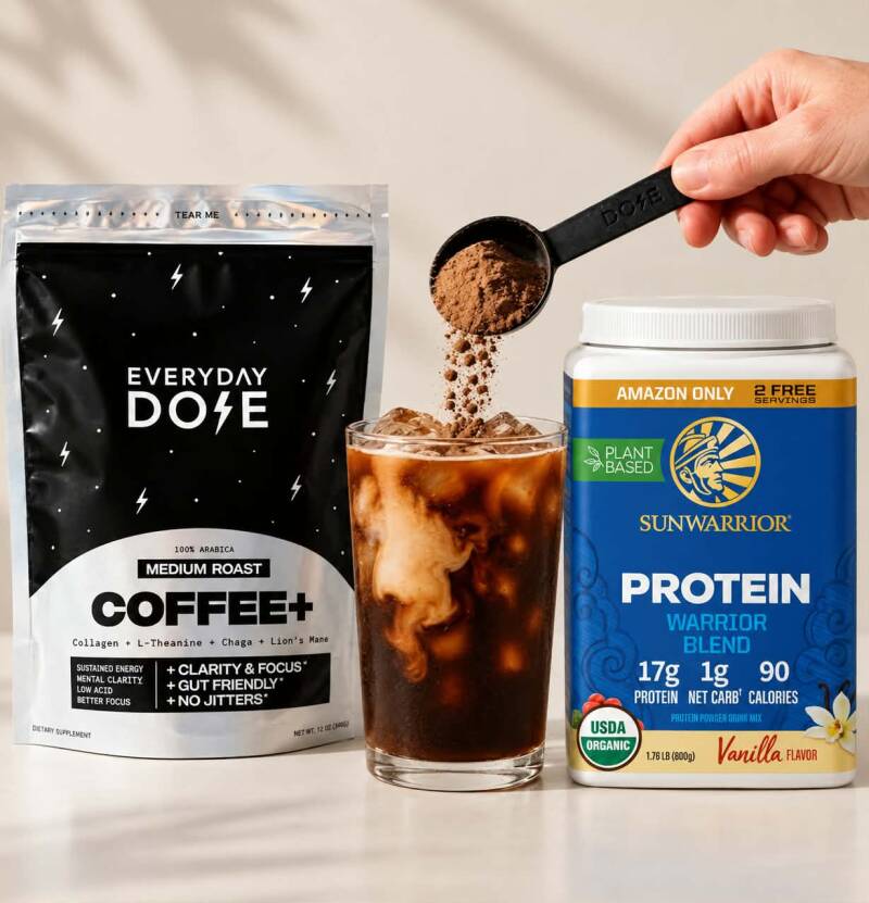 Everyday Dose mushroom Coffee+ and Sunwarrior vanilla protein powder poured into iced coffee