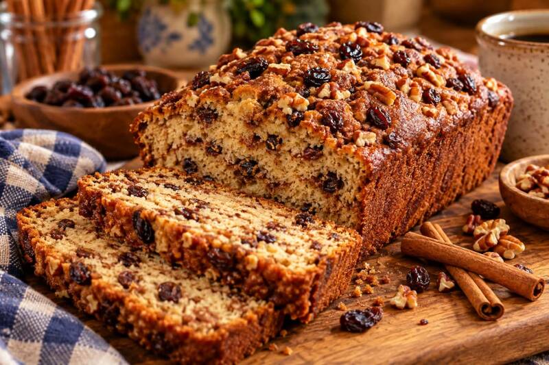 Sliced cinnamon raisin quick bread topped with walnuts and raisins on a wooden cutting board