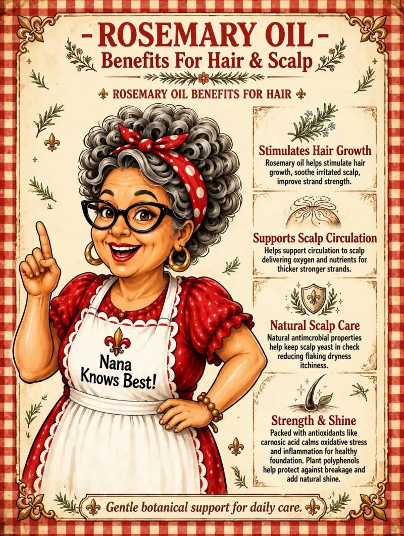 Rosemary oil benefits for hair and scalp infographic covering growth, circulation, and shine