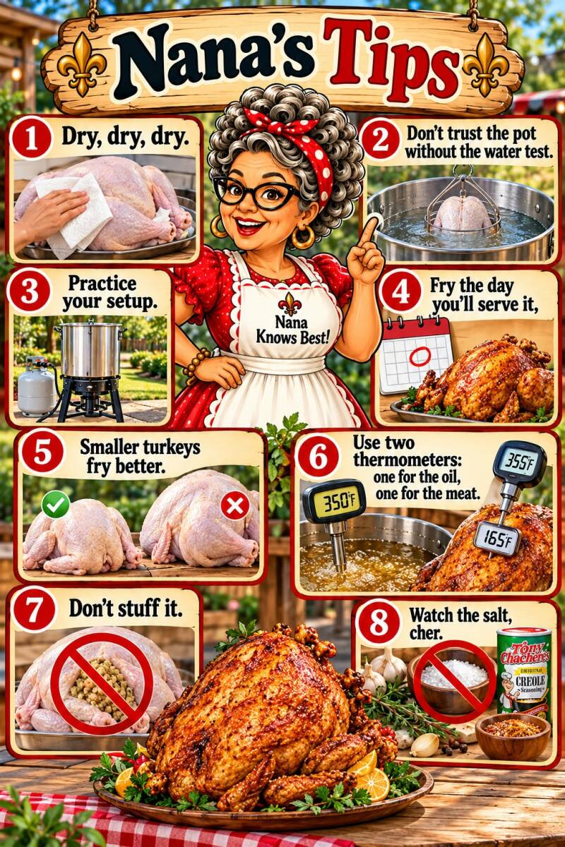 Nana's tips for frying a turkey covering drying, water test, practice setup, timing, size, thermometers, no stuffing, and salt