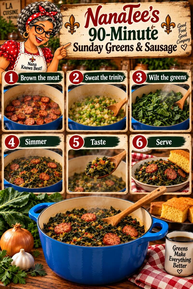 Step-by-step photo collage for making NanaTee's 90-minute Sunday greens and sausage