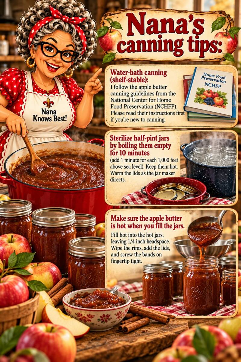 Nana's canning tips for apple butter covering water-bath canning, sterilizing jars, and hot filling