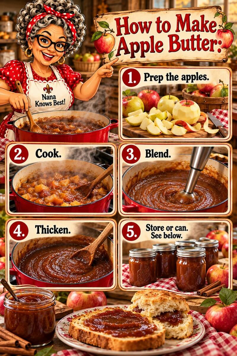Step-by-step photo collage for making apple butter from prepping apples to canning