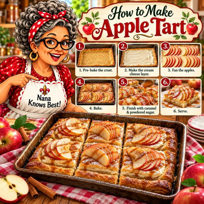 Step-by-step photo collage for making apple tart from pre-baking crust to serving