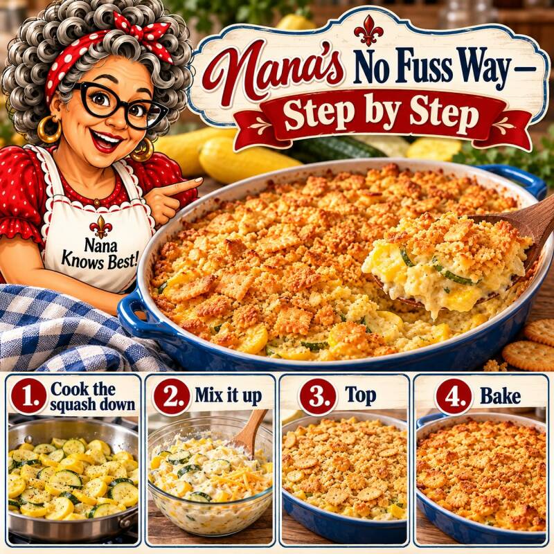 Step-by-step photo collage for making Nana's squash casserole from cooking down squash to baking
