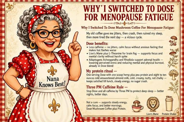 Why I switched to Dose mushroom coffee for menopause fatigue infographic listing benefits and daily routine