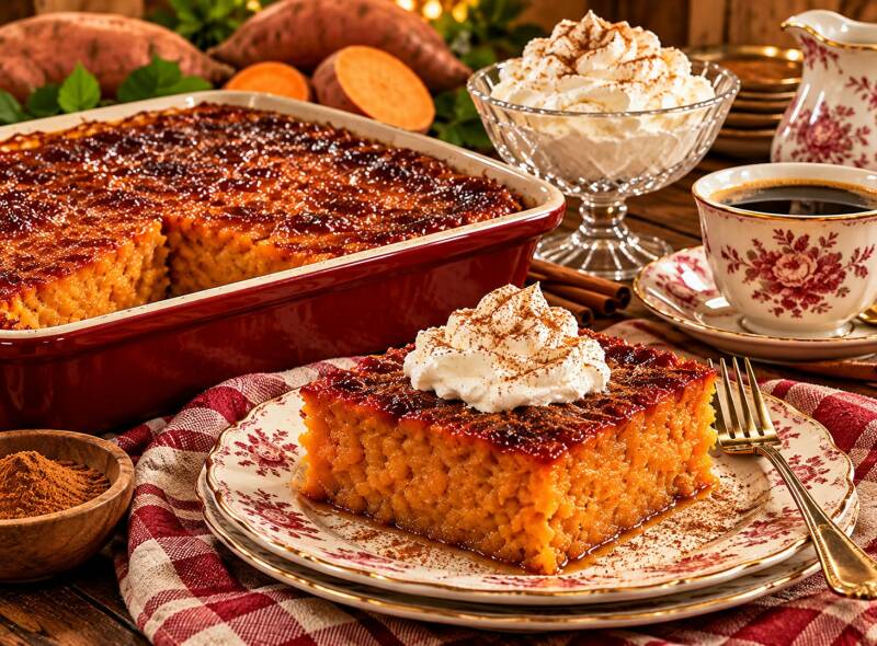 Sweet potato pone slice topped with whipped cream and cinnamon, served with coffee
