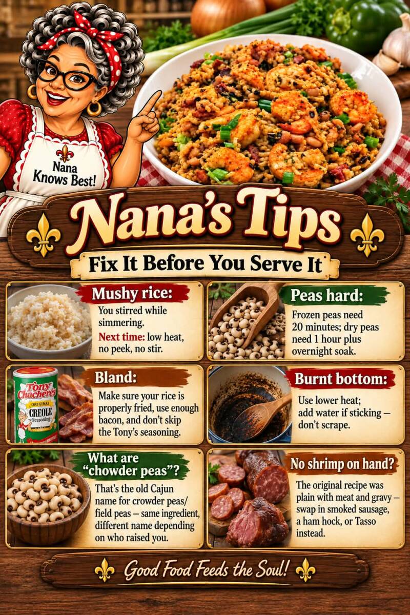 Nana's tips for fixing common Louisiana congree problems like mushy rice, bland flavor, and hard peas