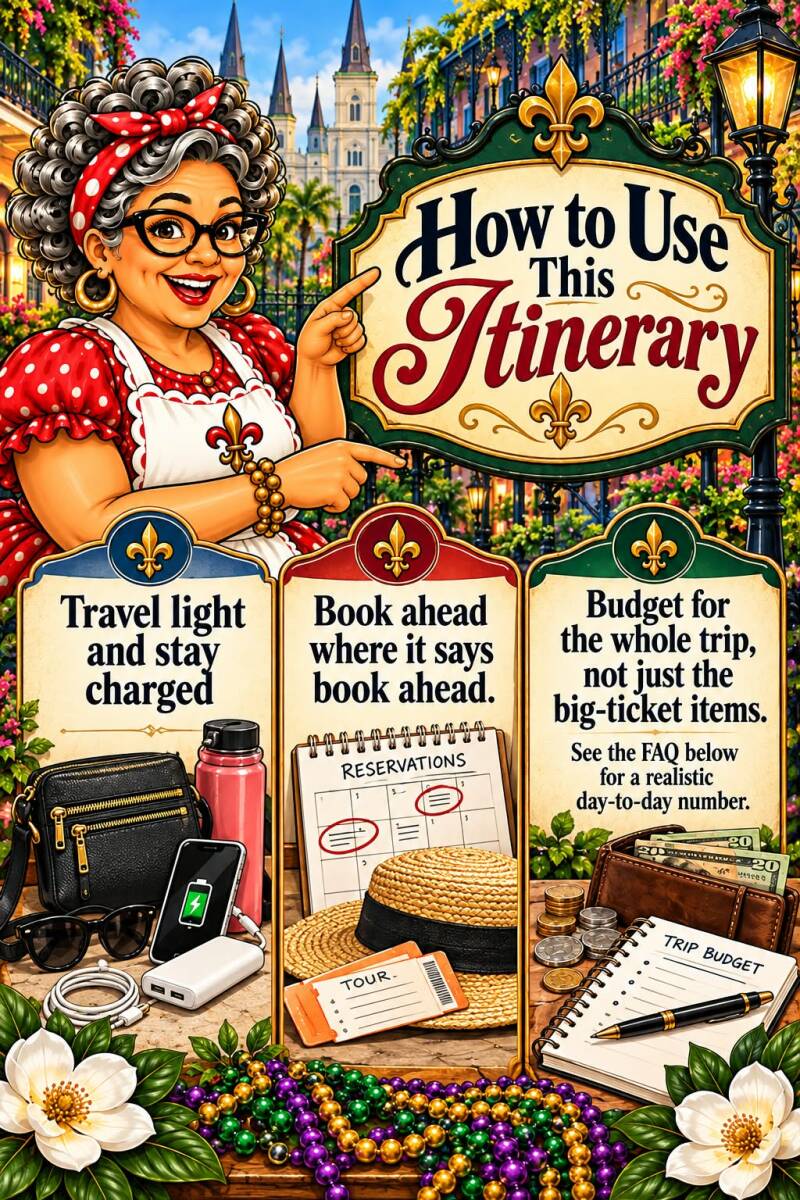 How to use this New Orleans itinerary covering travel essentials, booking ahead, and trip budgeting