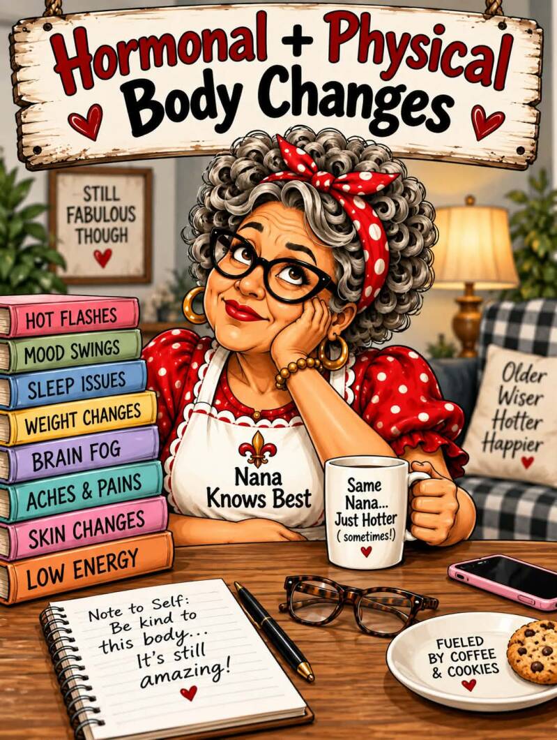 Hormonal and physical body changes infographic listing hot flashes, mood swings, sleep issues, weight changes, brain fog, aches, skin changes, and low energy