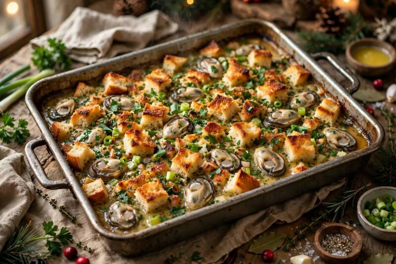 Close-up of baked Cajun oyster dressing with visible oysters, bread cubes, and parsley