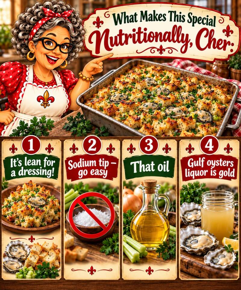 Cajun oyster dressing nutrition highlights covering lean protein, sodium tip, olive oil, and oyster liquor