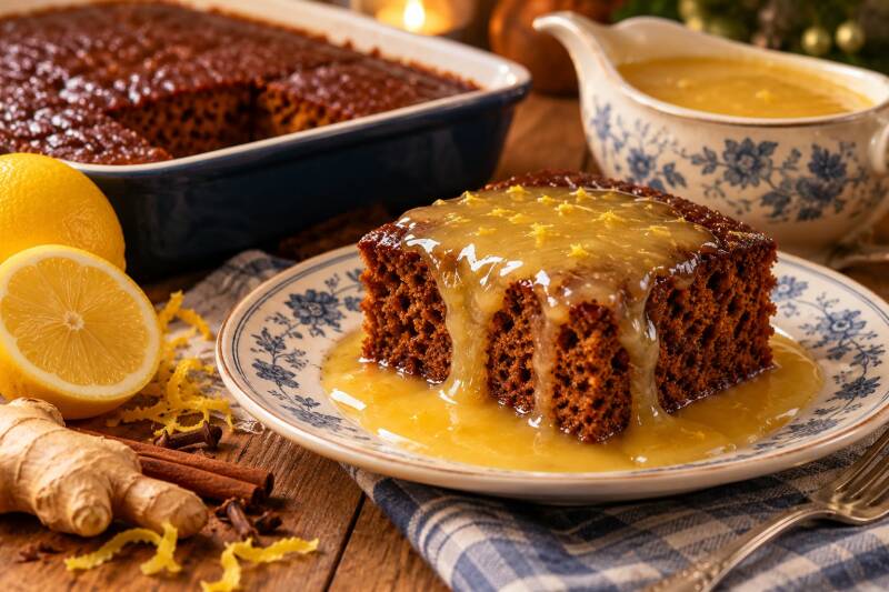 Molasses gingerbread cake slice topped with warm lemon sauce and lemon zest
