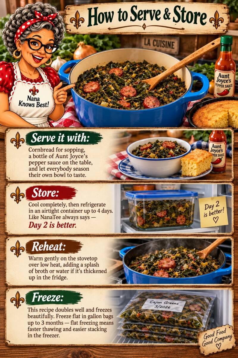 How to serve, store, reheat, and freeze Louisiana greens and sausage with pepper sauce and cornbread